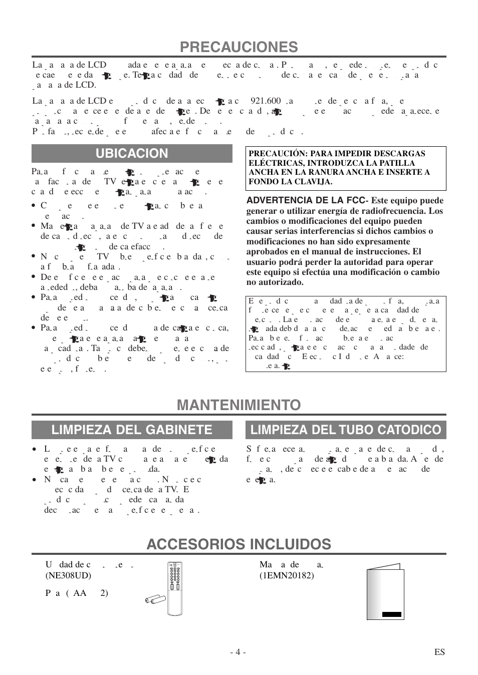 Precauciones, Mantenimiento accesorios incluidos, Ubicacion | Limpieza del gabinete, Limpieza del tubo catodico, 4 - es | FUNAI F20LCTE User Manual | Page 20 / 48
