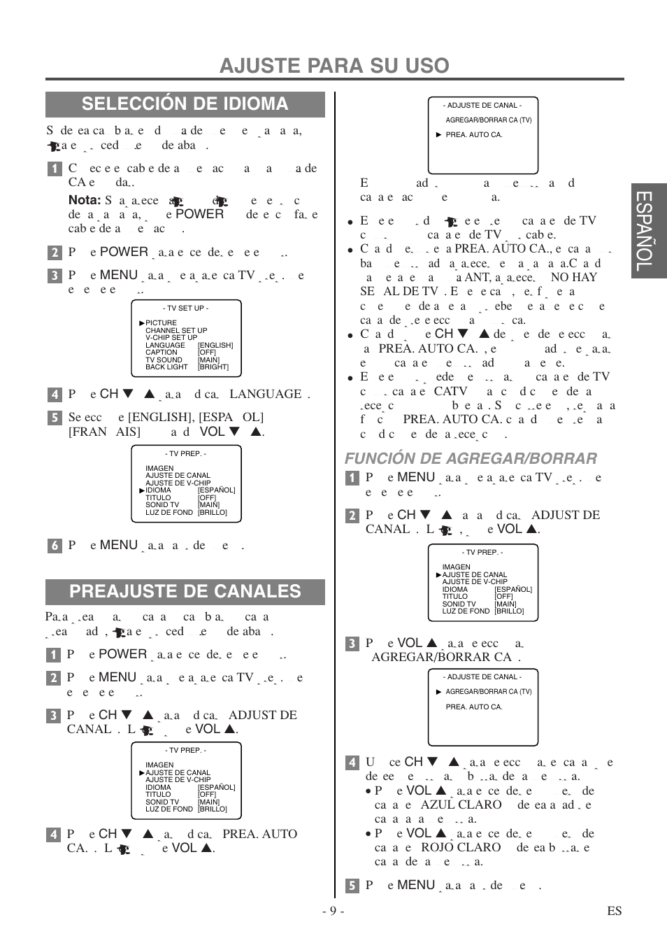 Ajuste para su uso, Esp añol, Selección de idioma preajuste de canales | Función de agregar/borrar | FUNAI F20LCTE User Manual | Page 25 / 48