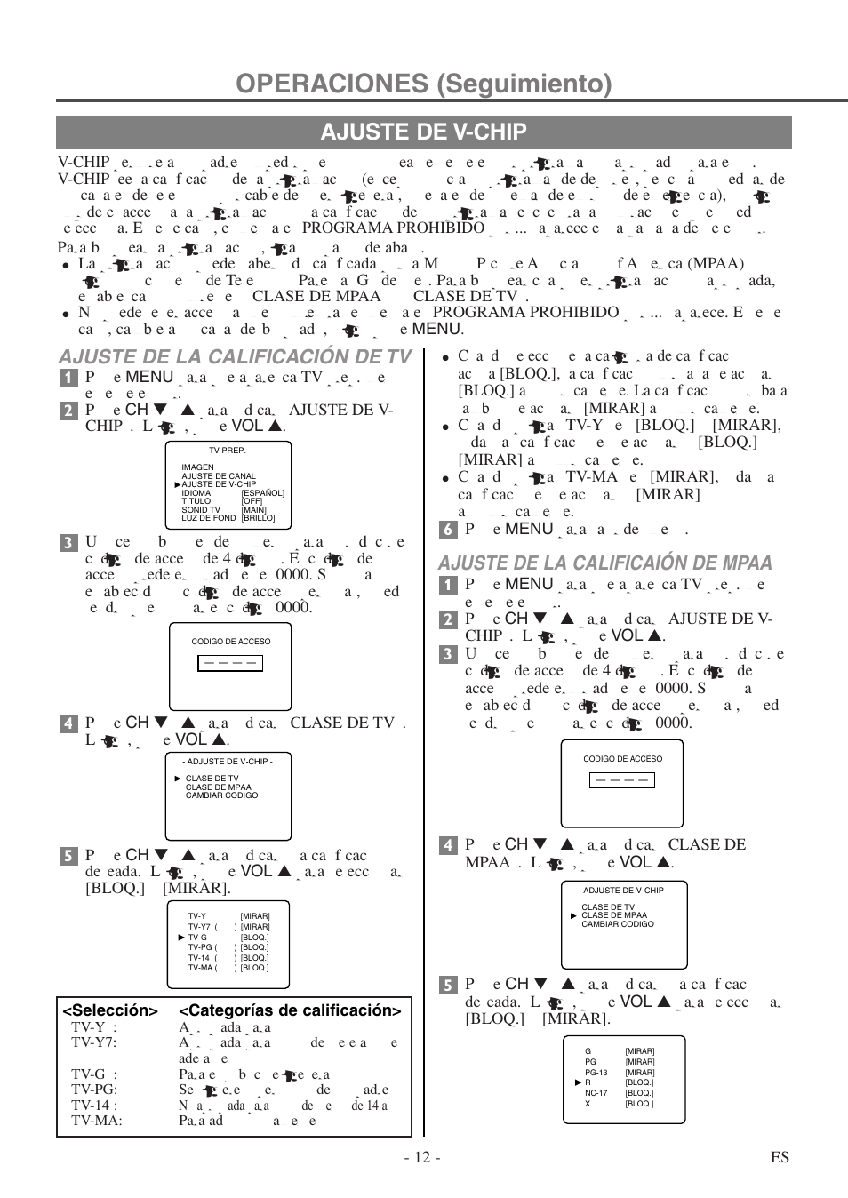 Operaciones (seguimiento), Ajuste de v-chip, Ajuste de la calificación de tv | Ajuste de la calificaión de mpaa | FUNAI F20LCTE User Manual | Page 28 / 48