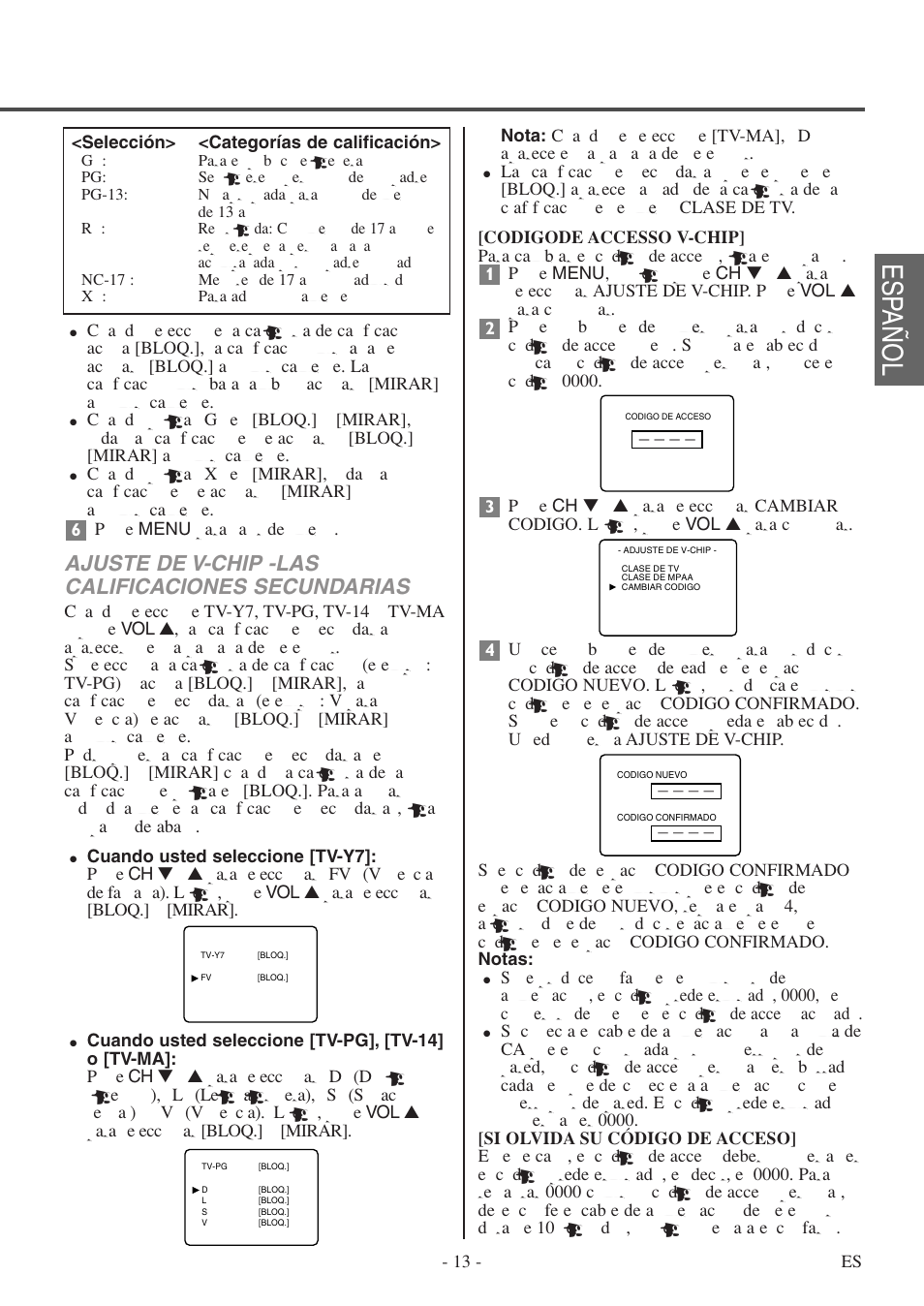 Esp añol, Ajuste de v-chip -las calificaciones secundarias | FUNAI F20LCTE User Manual | Page 29 / 48