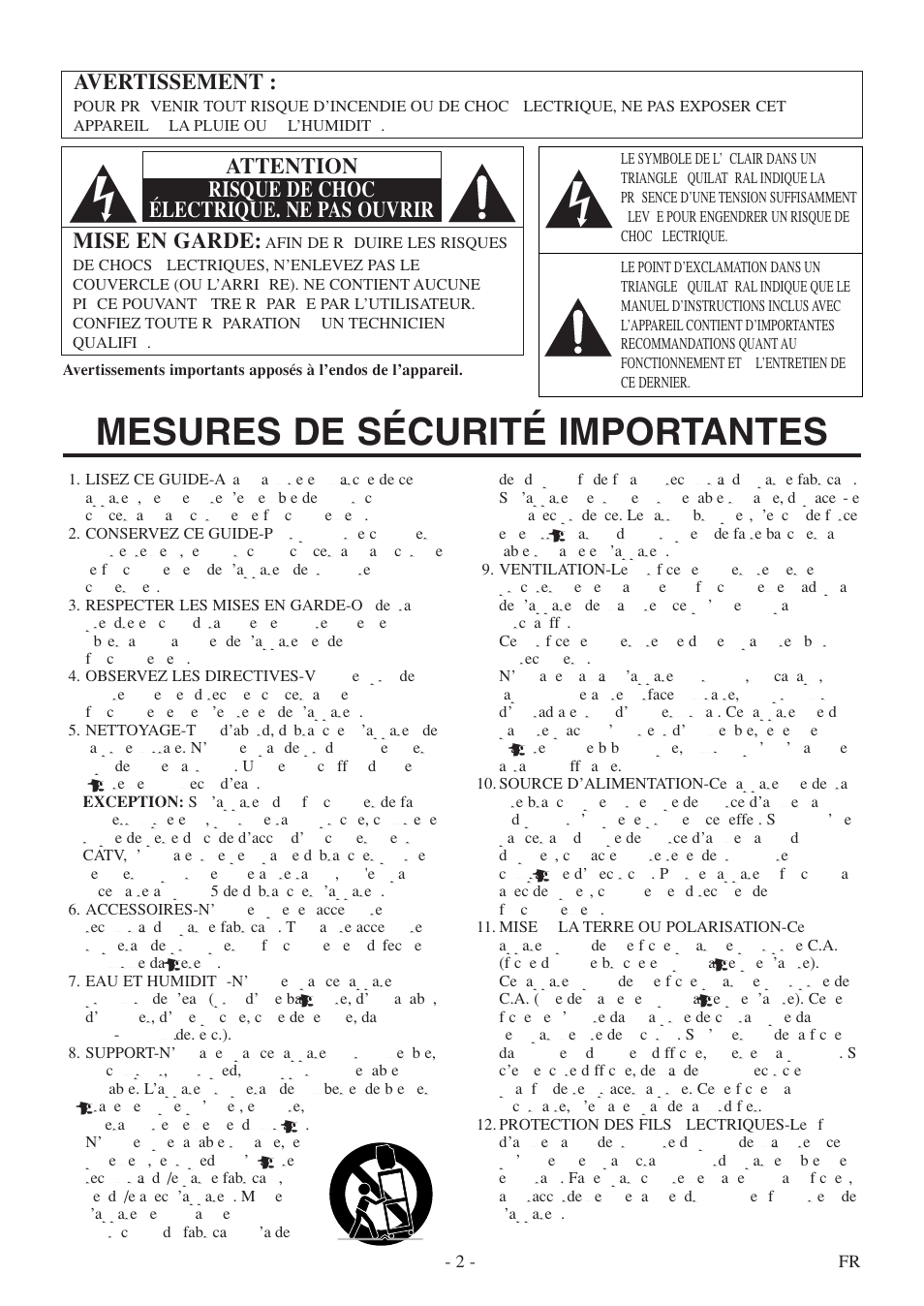 Mesures de sécurité importantes, Avertissement, Mise en garde | Attention risque de choc électrique. ne pas ouvrir | FUNAI F20LCTE User Manual | Page 34 / 48