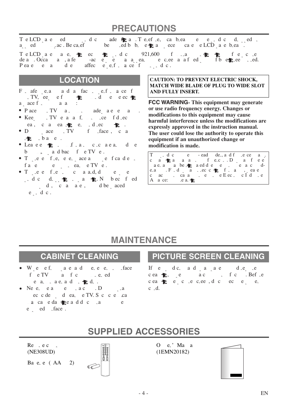Precautions, Maintenance supplied accessories, Location | Cabinet cleaning, Picture screen cleaning, 4 - en, Place your tv in a room with adequate ventilation | FUNAI F20LCTE User Manual | Page 4 / 48