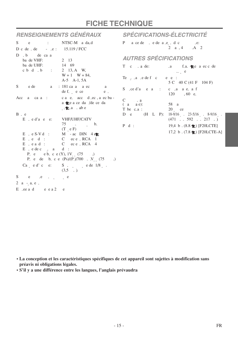 Fiche technique, Français, Renseignements généraux | Spécifications-électricité, Autres spécifications | FUNAI F20LCTE User Manual | Page 47 / 48