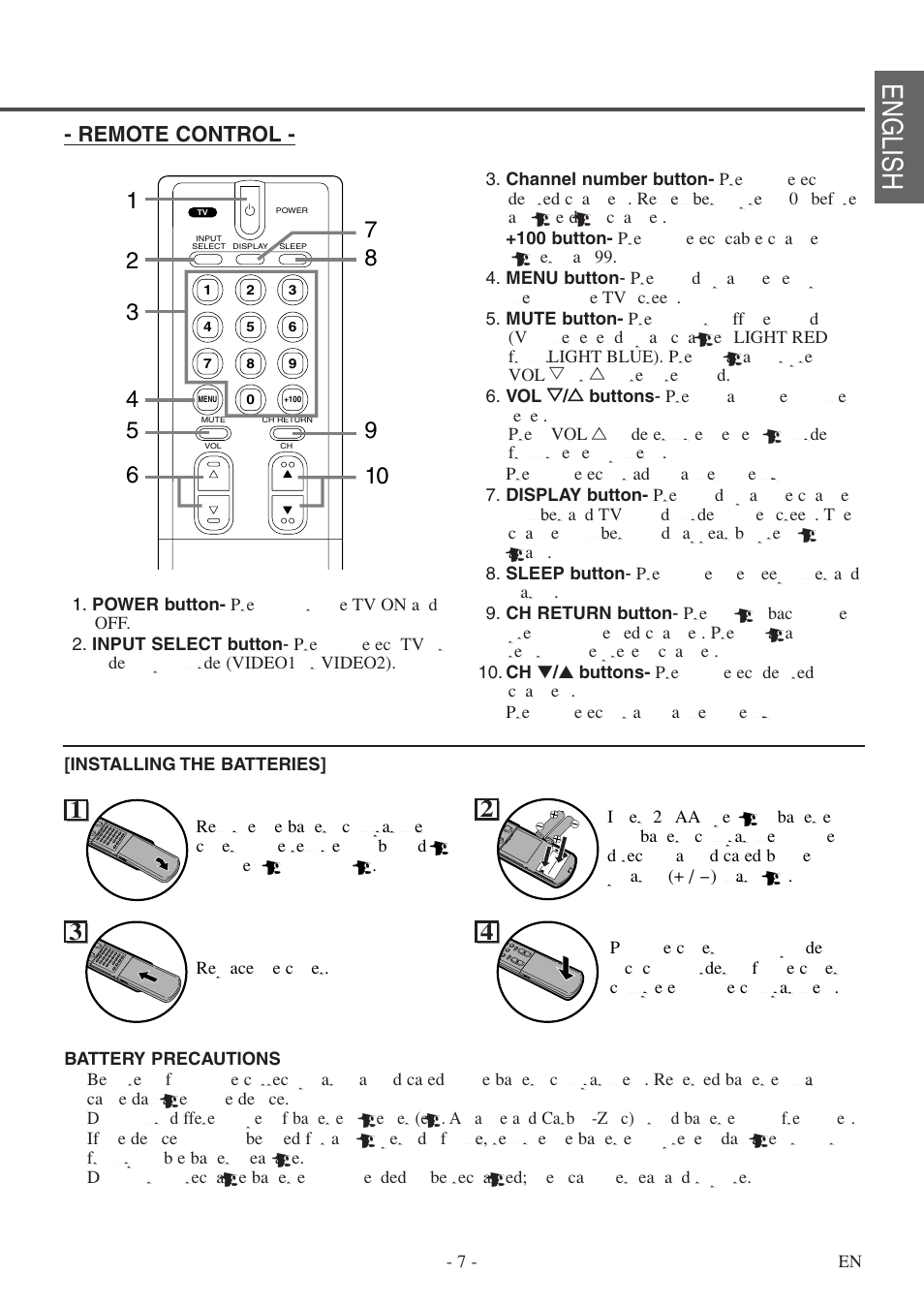 English, Remote control | FUNAI F20LCTE User Manual | Page 7 / 48