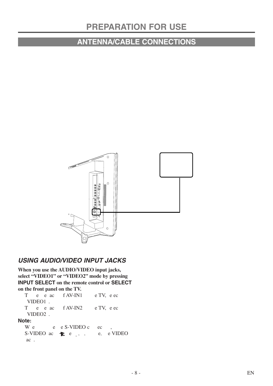 Preparation for use, Antenna/cable connections | FUNAI F20LCTE User Manual | Page 8 / 48