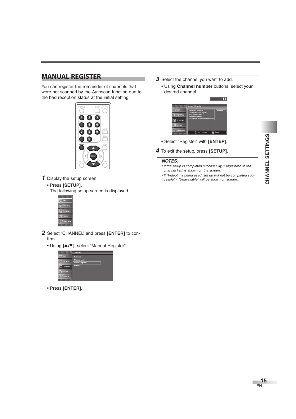 Manual register, Channel settings | FUNAI CIWL3706 User Manual | Page 15 / 36