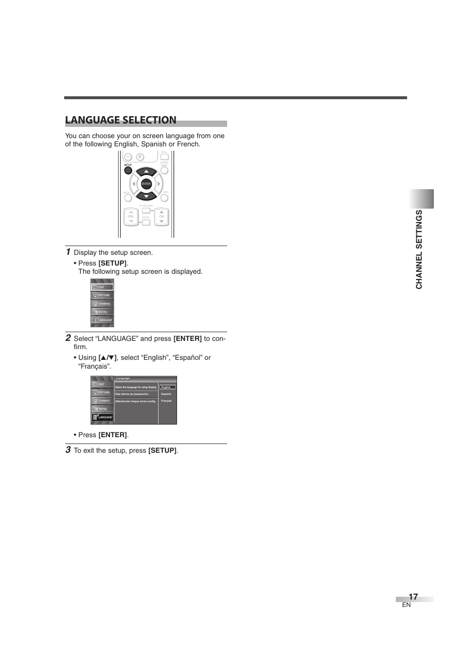 Language selection, Channel settings | FUNAI CIWL3706 User Manual | Page 17 / 36