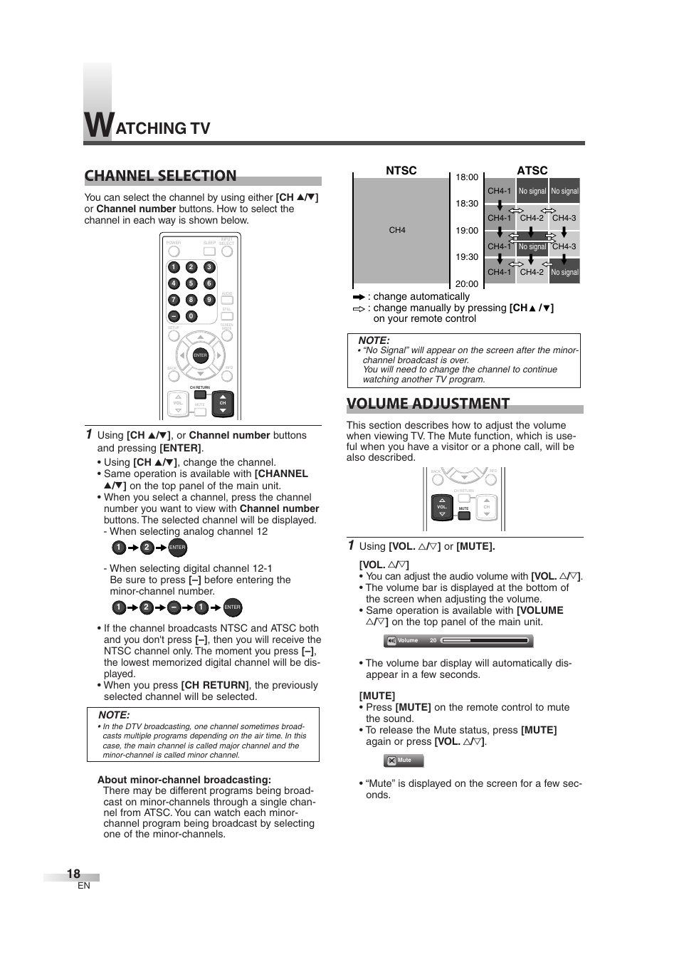 Channel selection, Volume adjustment, Atching tv | Atsc, Ntsc | FUNAI CIWL3706 User Manual | Page 18 / 36