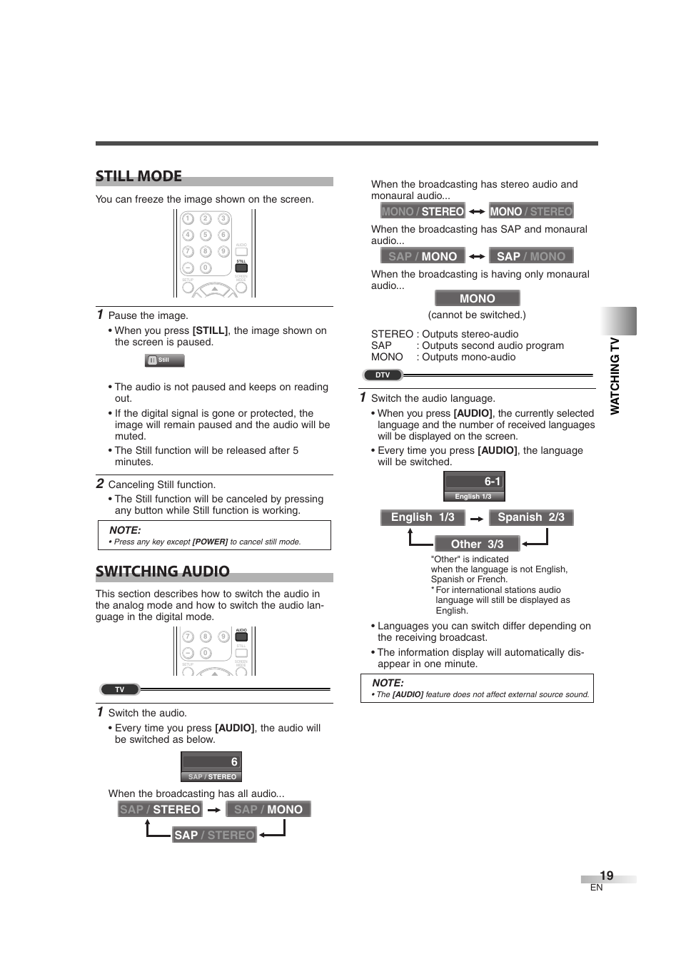 Still mode, Switching audio | FUNAI CIWL3706 User Manual | Page 19 / 36