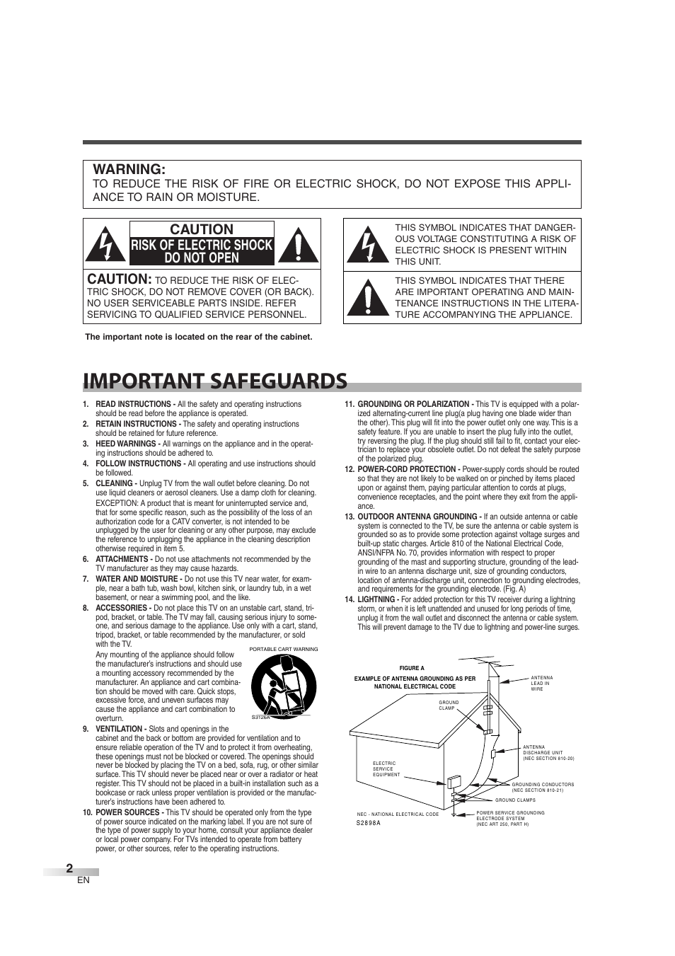 Important safeguards, Caution, Caution risk of electric shock do not open | Warning | FUNAI CIWL3706 User Manual | Page 2 / 36