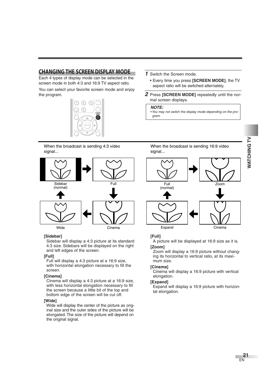 Changing the screen display mode, Wa tching tv | FUNAI CIWL3706 User Manual | Page 21 / 36