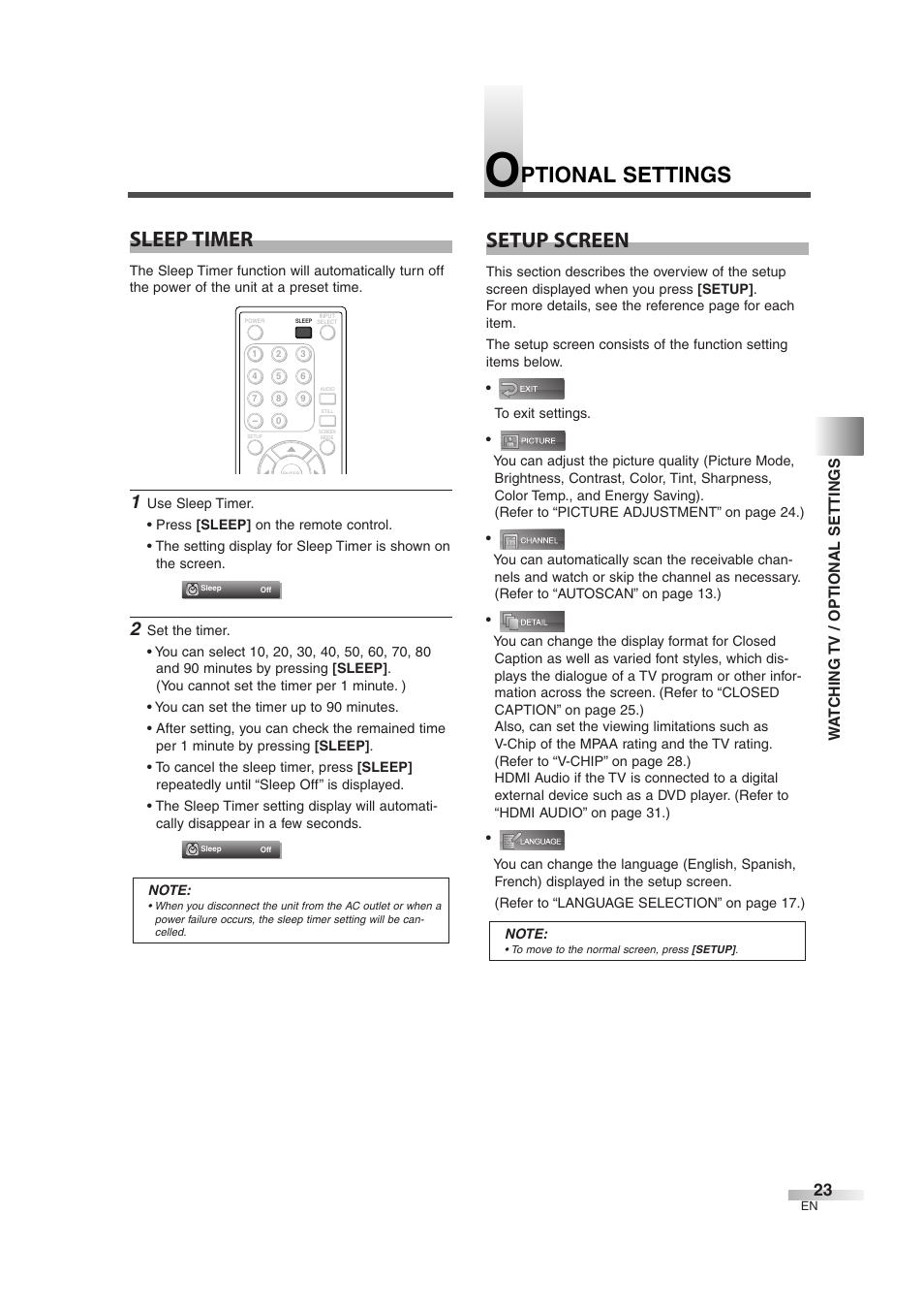 Ptional settings setup screen, Sleep timer | FUNAI CIWL3706 User Manual | Page 23 / 36