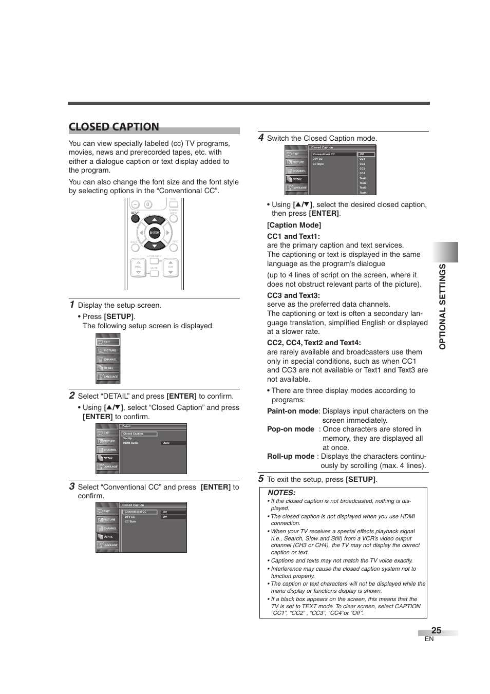 Closed caption, Optional settings | FUNAI CIWL3706 User Manual | Page 25 / 36