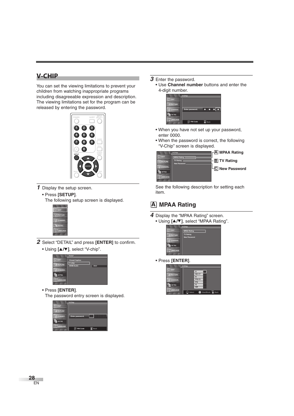 V-chip, A mpaa rating, A mpaa rating b tv rating c new password | FUNAI CIWL3706 User Manual | Page 28 / 36