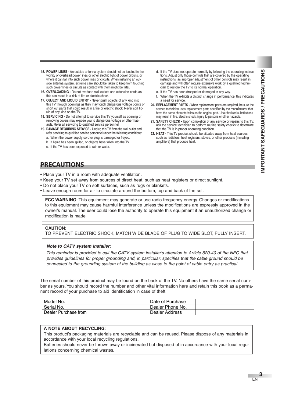 Precautions | FUNAI CIWL3706 User Manual | Page 3 / 36