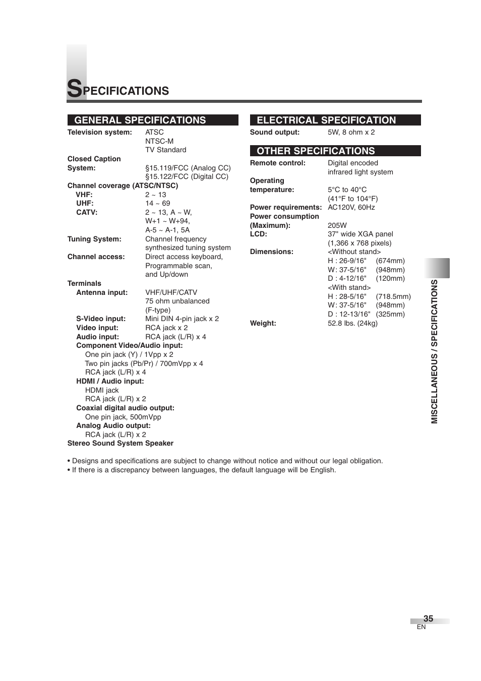 Pecifications, General specifications, Electrical specification | Other specifications | FUNAI CIWL3706 User Manual | Page 35 / 36