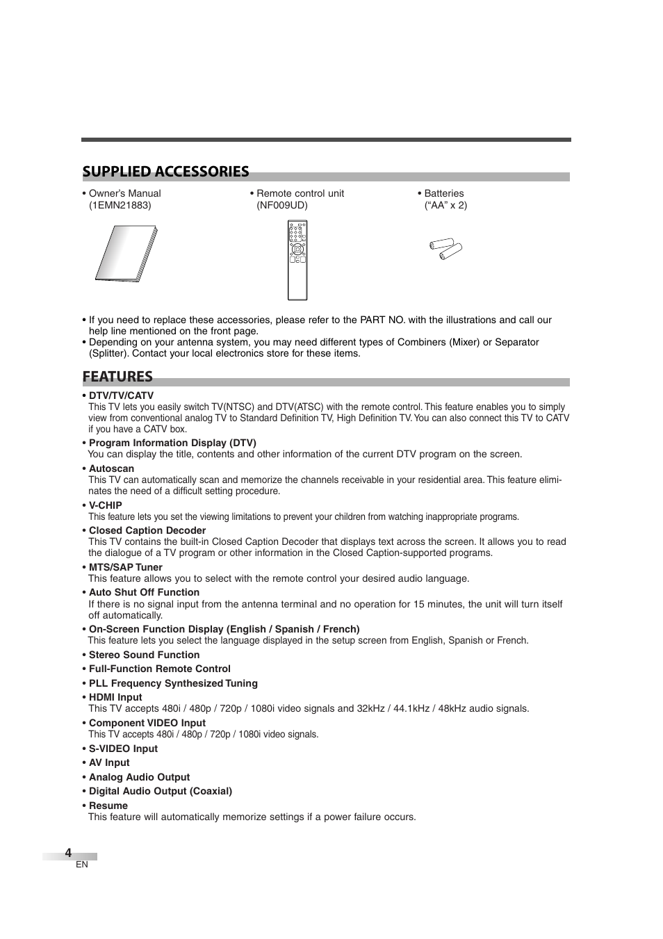 Features supplied accessories | FUNAI CIWL3706 User Manual | Page 4 / 36