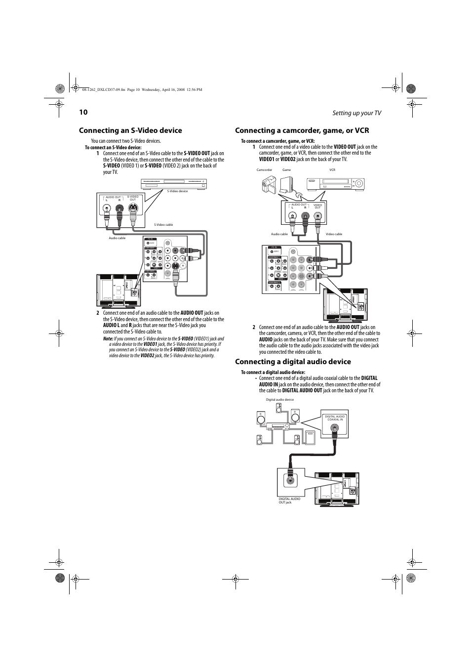 Connecting an s-video device, Connecting a camcorder, game, or vcr, Connecting a digital audio device | Setting up your tv, You can connect two s-video devices | FUNAI DX-LCD37-09 User Manual | Page 10 / 64