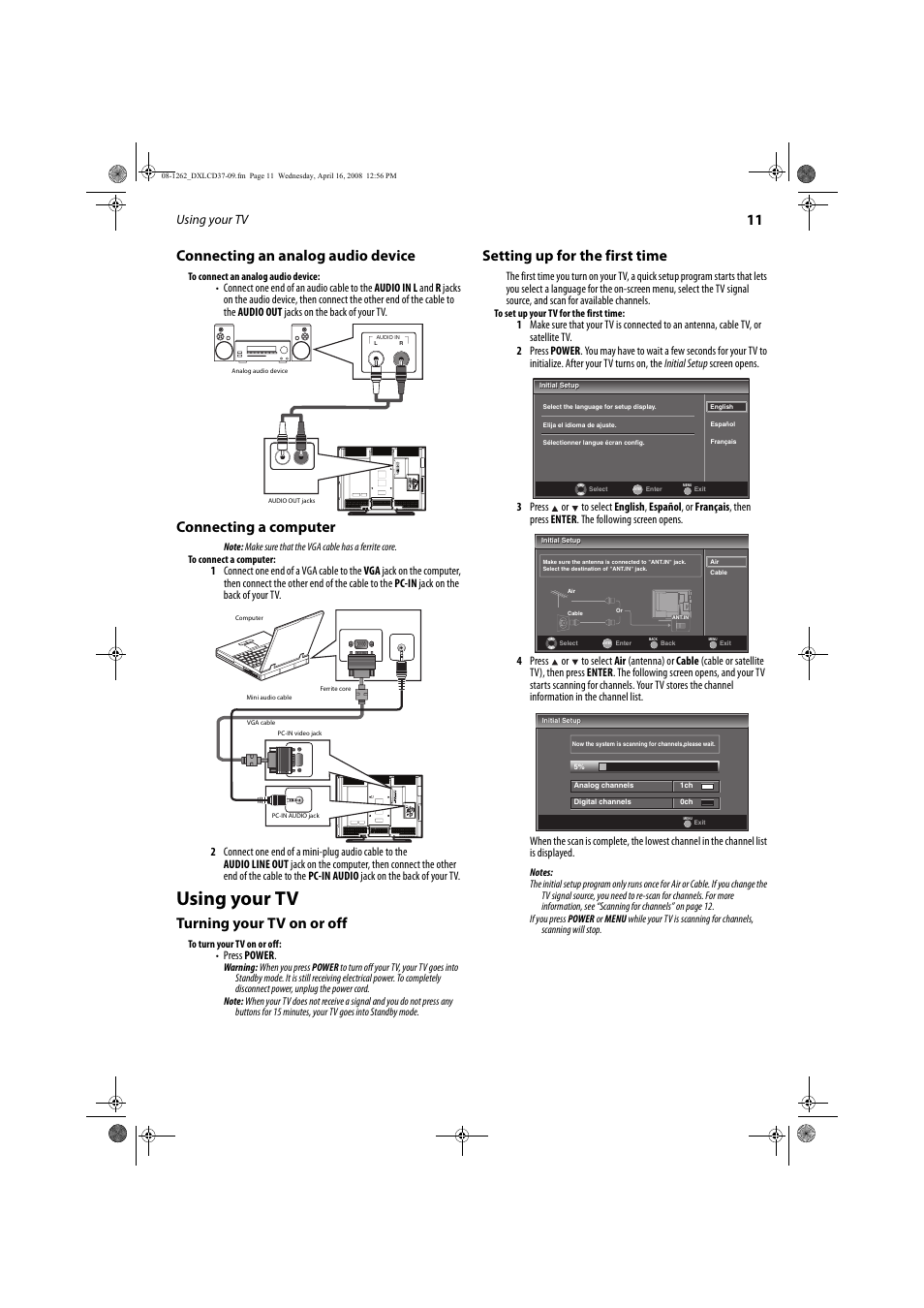 11 connecting an analog audio device, Connecting a computer, Turning your tv on or off | Setting up for the first time, Using your tv, Press power | FUNAI DX-LCD37-09 User Manual | Page 11 / 64