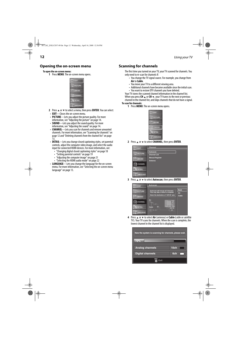 Opening the on-screen menu, Scanning for channels | FUNAI DX-LCD37-09 User Manual | Page 12 / 64