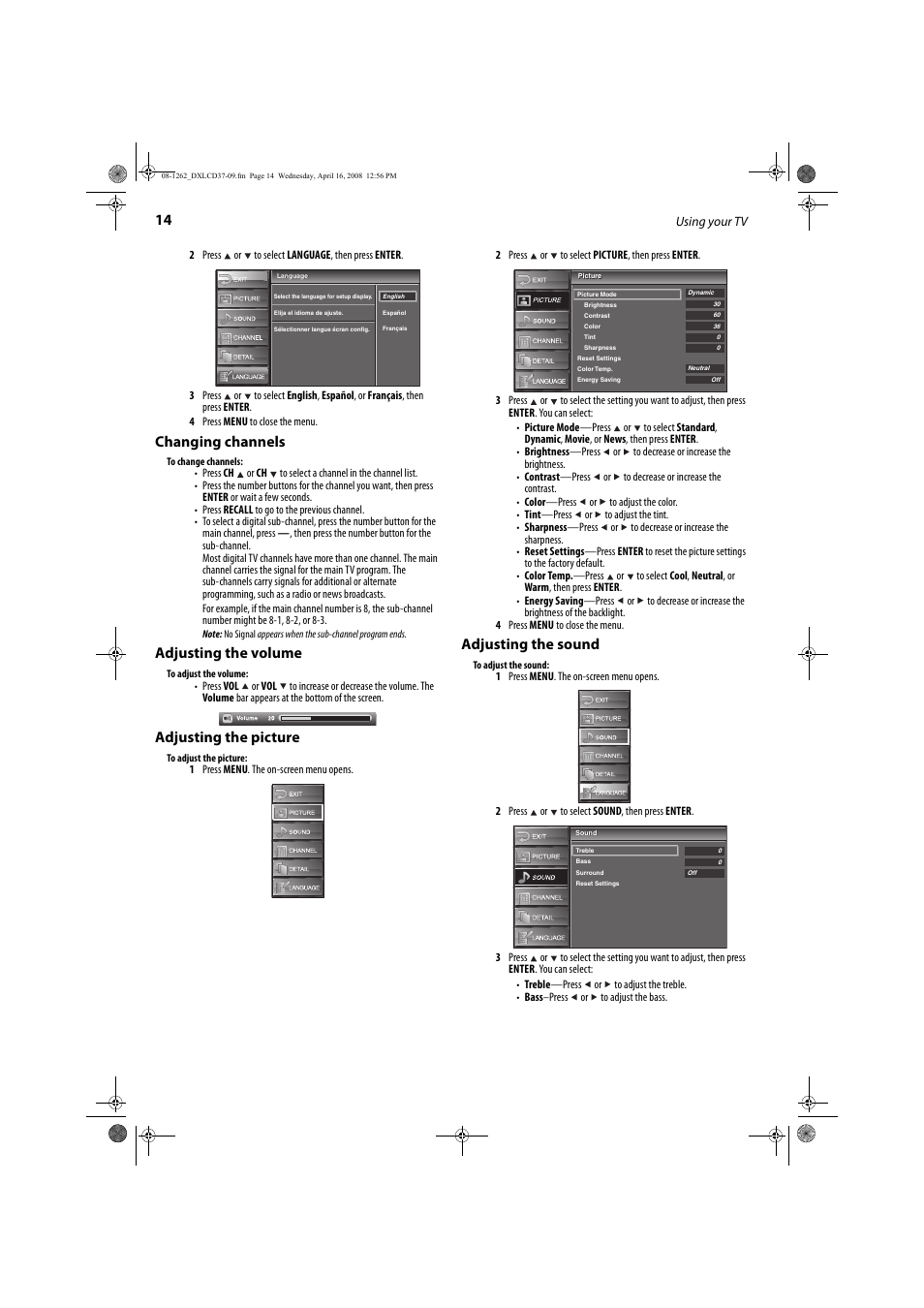 Changing channels, Adjusting the volume, Adjusting the picture | Adjusting the sound | FUNAI DX-LCD37-09 User Manual | Page 14 / 64