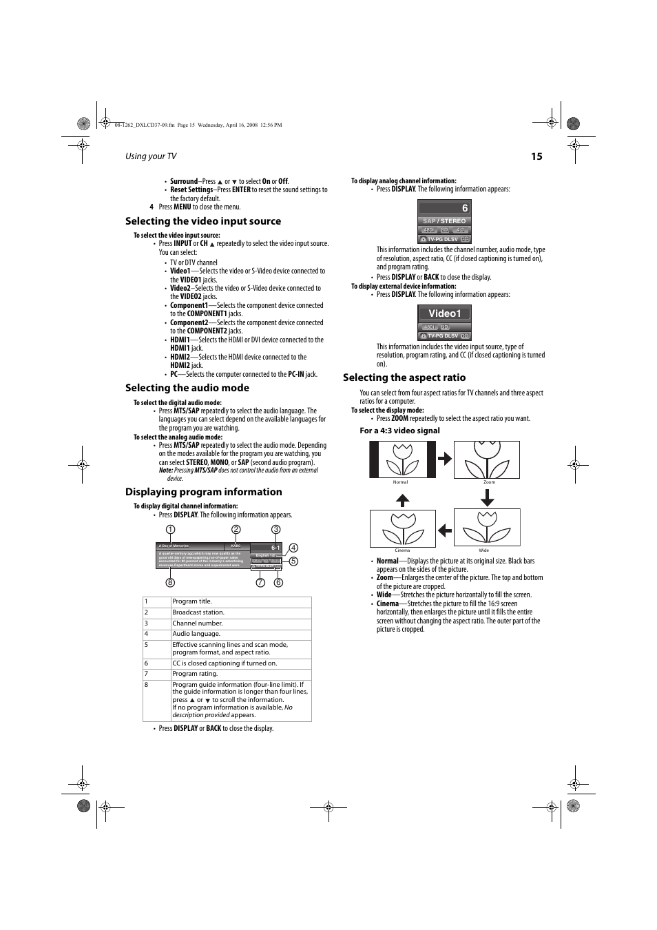 Selecting the video input source, Selecting the audio mode, Displaying program information | Selecting the aspect ratio, Video1 | FUNAI DX-LCD37-09 User Manual | Page 15 / 64