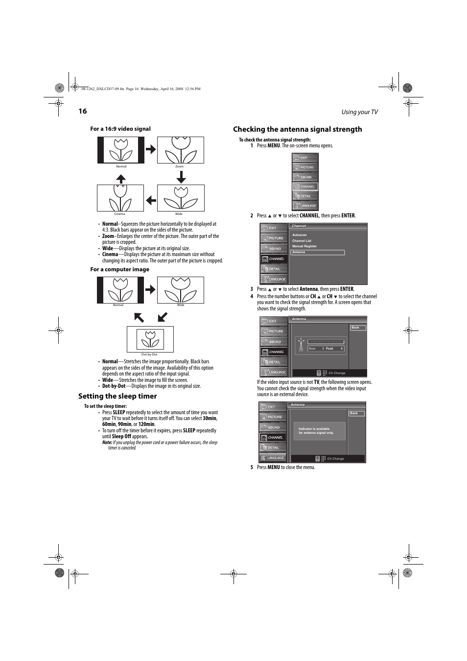 Setting the sleep timer, Checking the antenna signal strength | FUNAI DX-LCD37-09 User Manual | Page 16 / 64