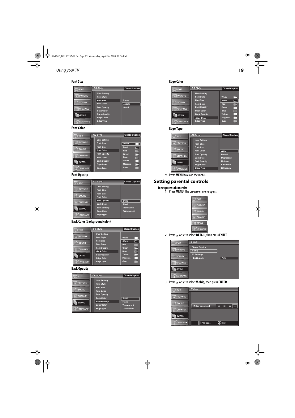 Setting parental controls, Using your tv | FUNAI DX-LCD37-09 User Manual | Page 19 / 64