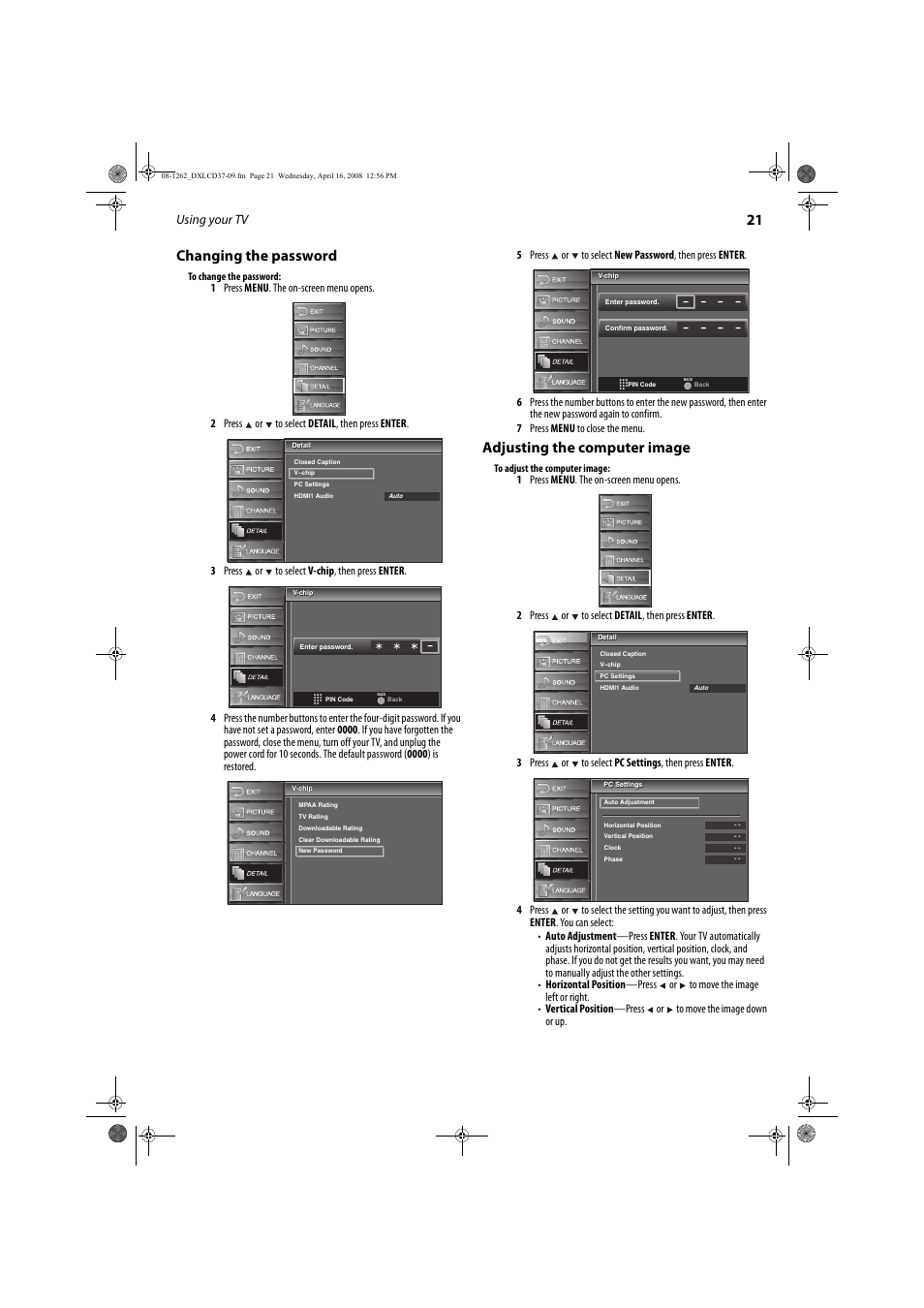 21 changing the password, Adjusting the computer image, Using your tv | FUNAI DX-LCD37-09 User Manual | Page 21 / 64