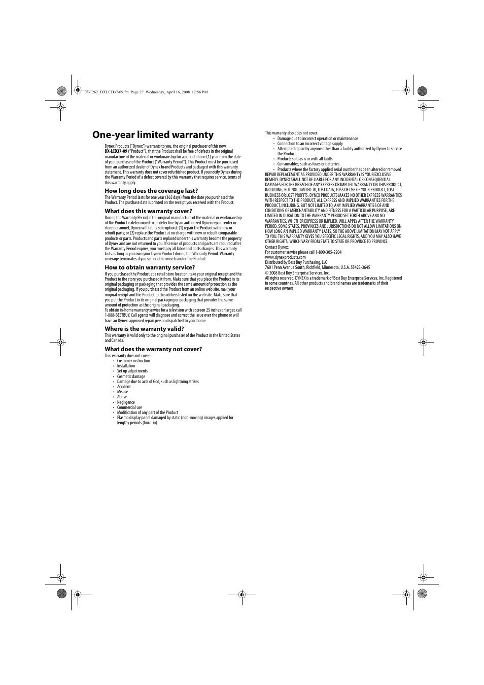 One-year limited warranty | FUNAI DX-LCD37-09 User Manual | Page 27 / 64