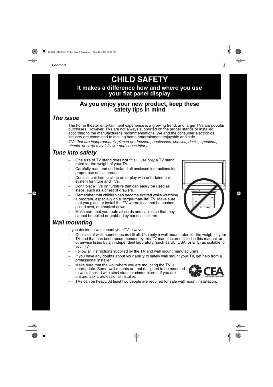 Child safety, Tune into safety, Wall mounting | FUNAI DX-LCD37-09 User Manual | Page 3 / 64