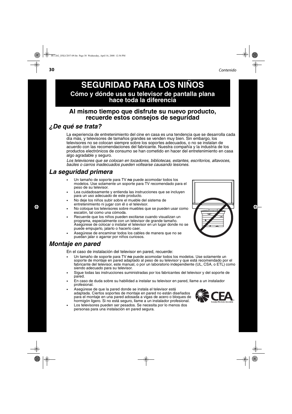Seguridad para los niños, La seguridad primera, Montaje en pared | FUNAI DX-LCD37-09 User Manual | Page 30 / 64