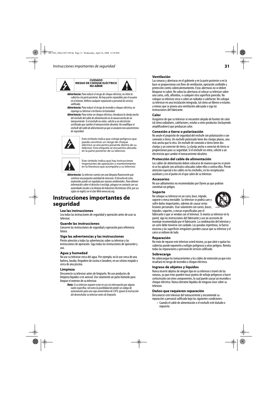Instrucciones importantes de seguridad | FUNAI DX-LCD37-09 User Manual | Page 31 / 64