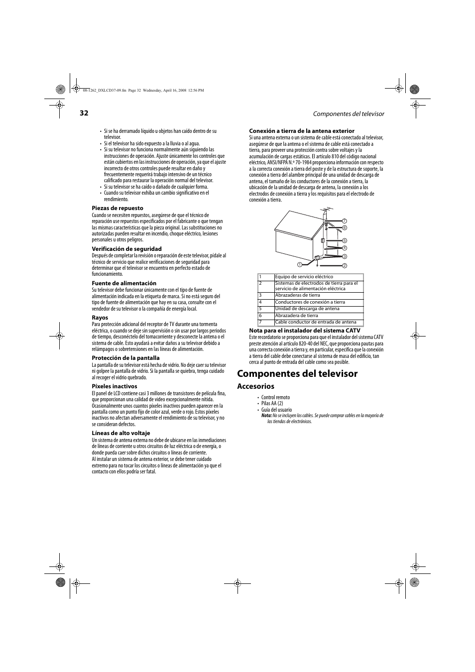 Componentes del televisor, Accesorios | FUNAI DX-LCD37-09 User Manual | Page 32 / 64