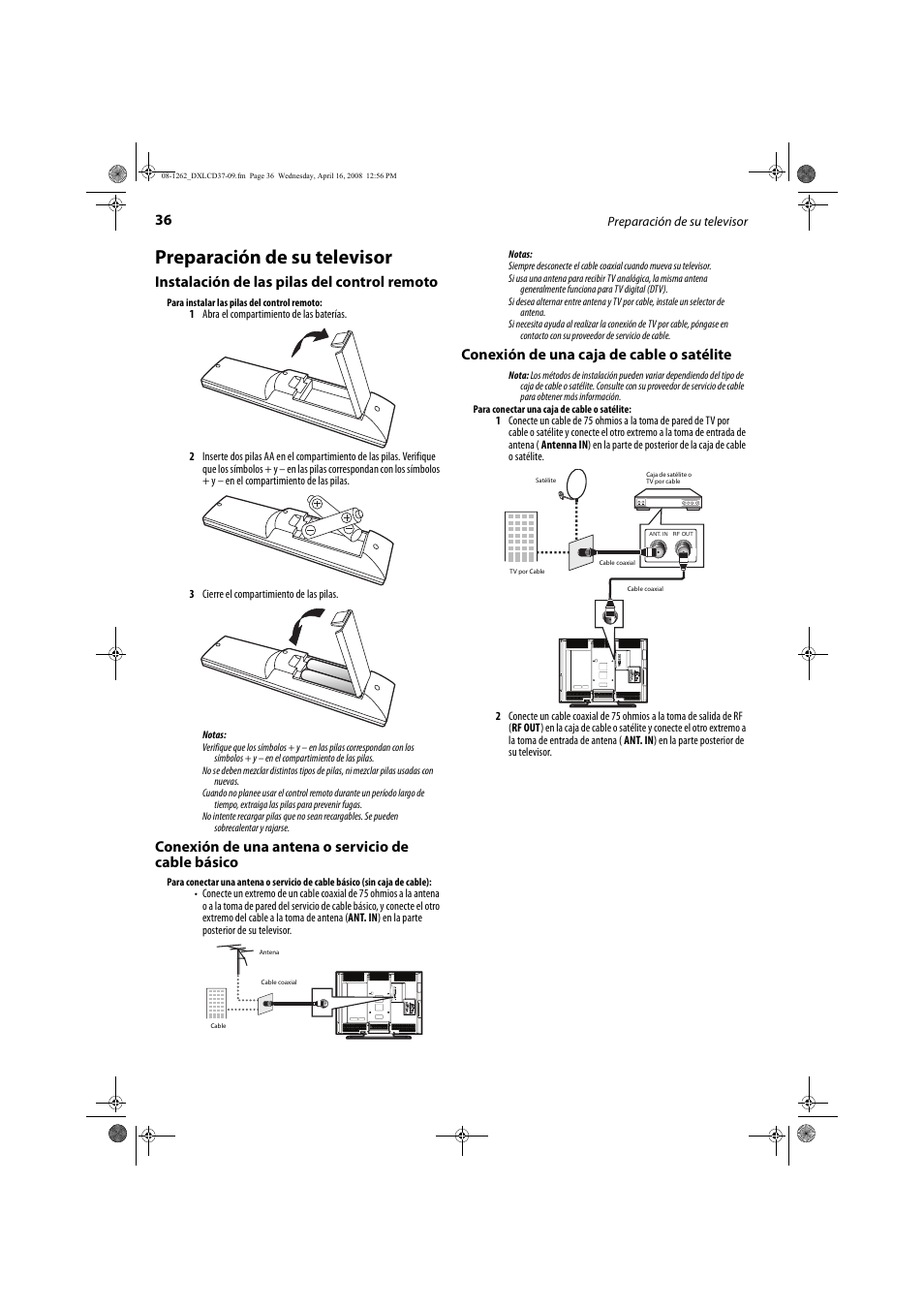 Preparación de su televisor, Instalación de las pilas del control remoto, Conexión de una antena o servicio de cable básico | Conexión de una caja de cable o satélite | FUNAI DX-LCD37-09 User Manual | Page 36 / 64
