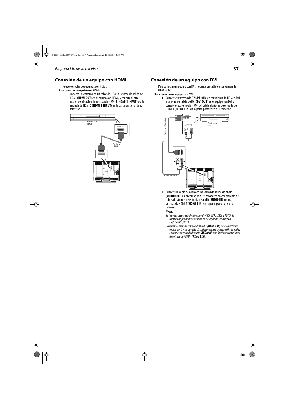 37 conexión de un equipo con hdmi, Conexión de un equipo con dvi, Preparación de su televisor | FUNAI DX-LCD37-09 User Manual | Page 37 / 64