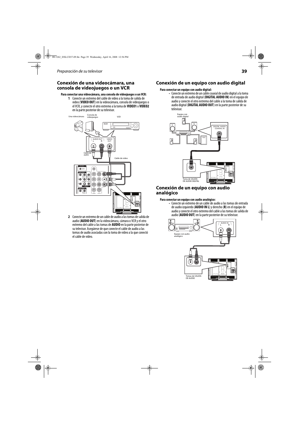 Conexión de un equipo con audio digital, Conexión de un equipo con audio analógico, Preparación de su televisor | Para conectar un equipo con audio digital, Para conectar un equipo con audio analógico | FUNAI DX-LCD37-09 User Manual | Page 39 / 64