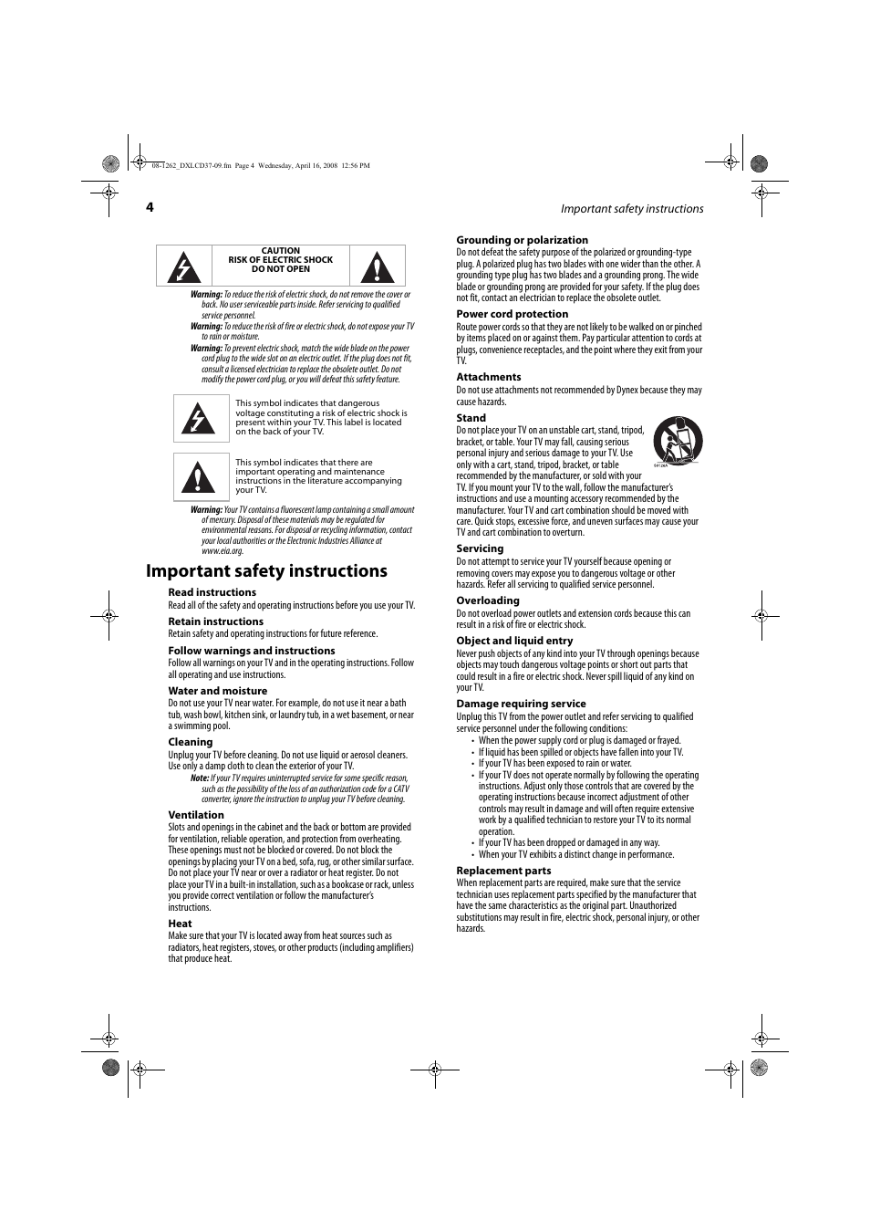 Important safety instructions | FUNAI DX-LCD37-09 User Manual | Page 4 / 64