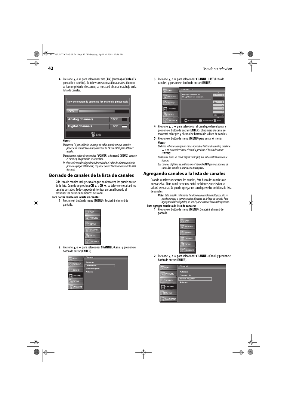 Borrado de canales de la lista de canales, Agregando canales a la lista de canales, Uso de su televisor | FUNAI DX-LCD37-09 User Manual | Page 42 / 64