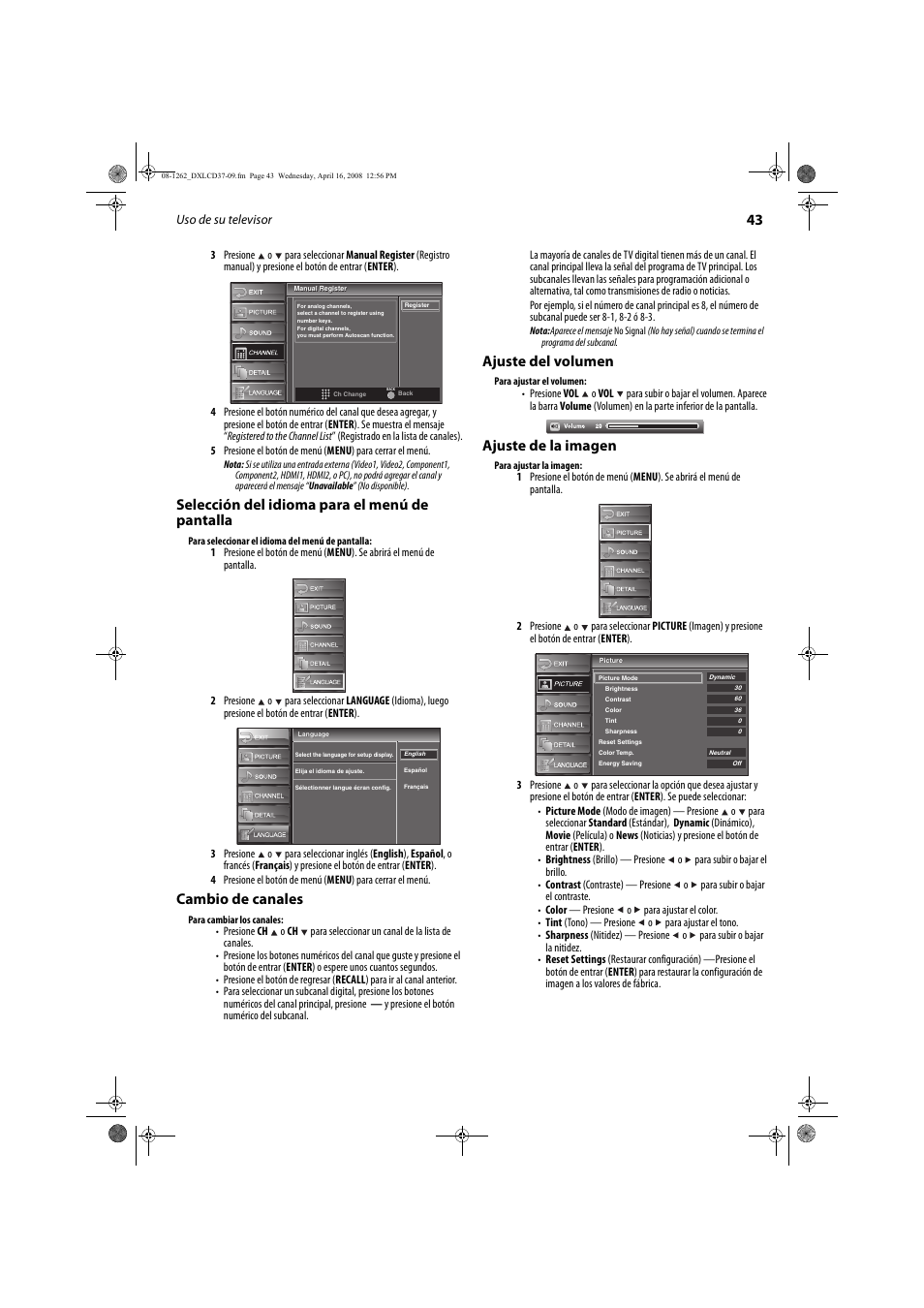 Selección del idioma para el menú de pantalla, Cambio de canales, Ajuste del volumen | Ajuste de la imagen | FUNAI DX-LCD37-09 User Manual | Page 43 / 64