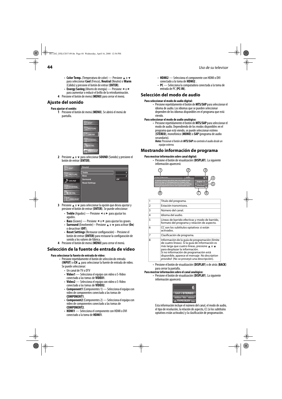 Ajuste del sonido, Selección de la fuente de entrada de video, Selección del modo de audio | Mostrando información de programa | FUNAI DX-LCD37-09 User Manual | Page 44 / 64