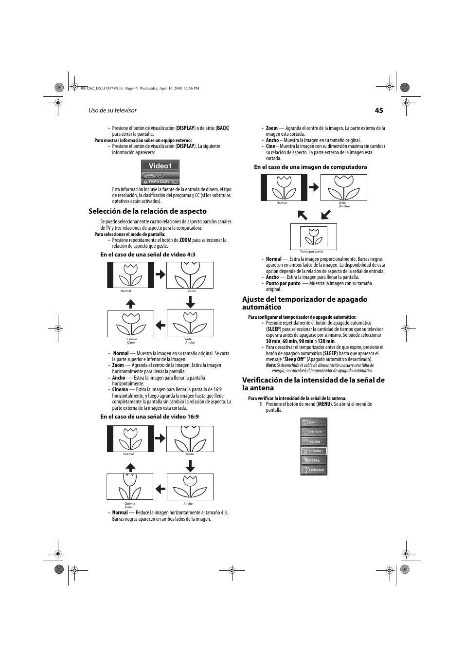 Selección de la relación de aspecto, Ajuste del temporizador de apagado automático, Video1 | FUNAI DX-LCD37-09 User Manual | Page 45 / 64