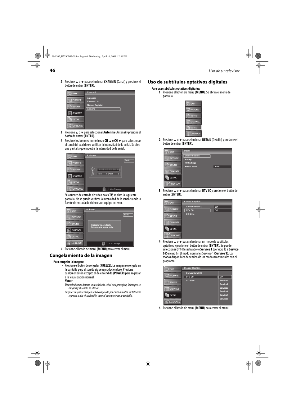 Congelamiento de la imagen, Uso de subtítulos optativos digitales, Uso de su televisor | FUNAI DX-LCD37-09 User Manual | Page 46 / 64