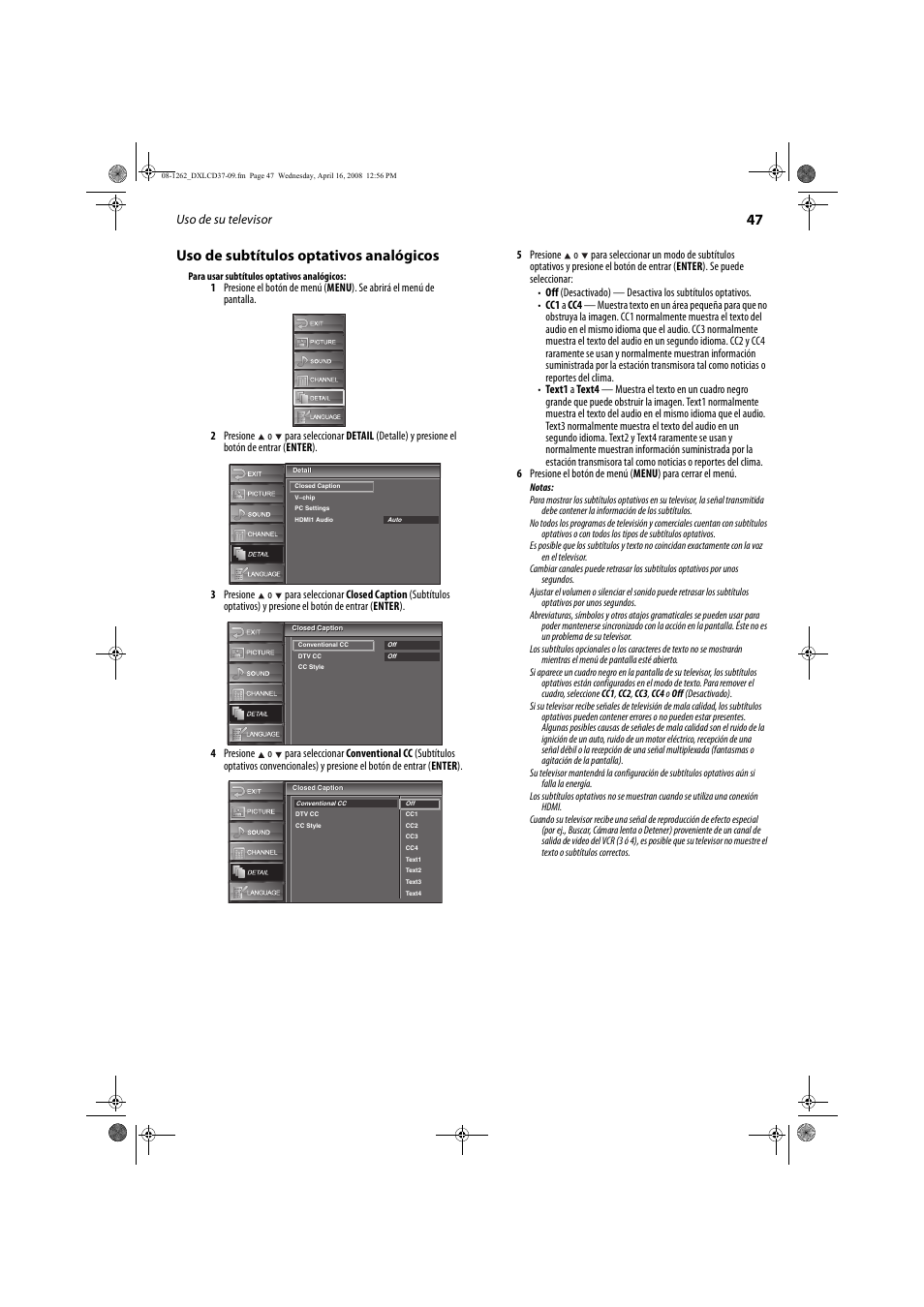 47 uso de subtítulos optativos analógicos | FUNAI DX-LCD37-09 User Manual | Page 47 / 64