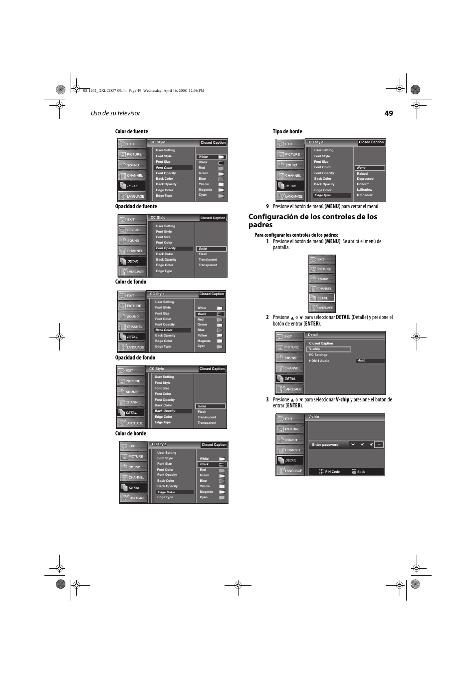 Configuración de los controles de los padres, Uso de su televisor, Para configurar los controles de los padres | FUNAI DX-LCD37-09 User Manual | Page 49 / 64