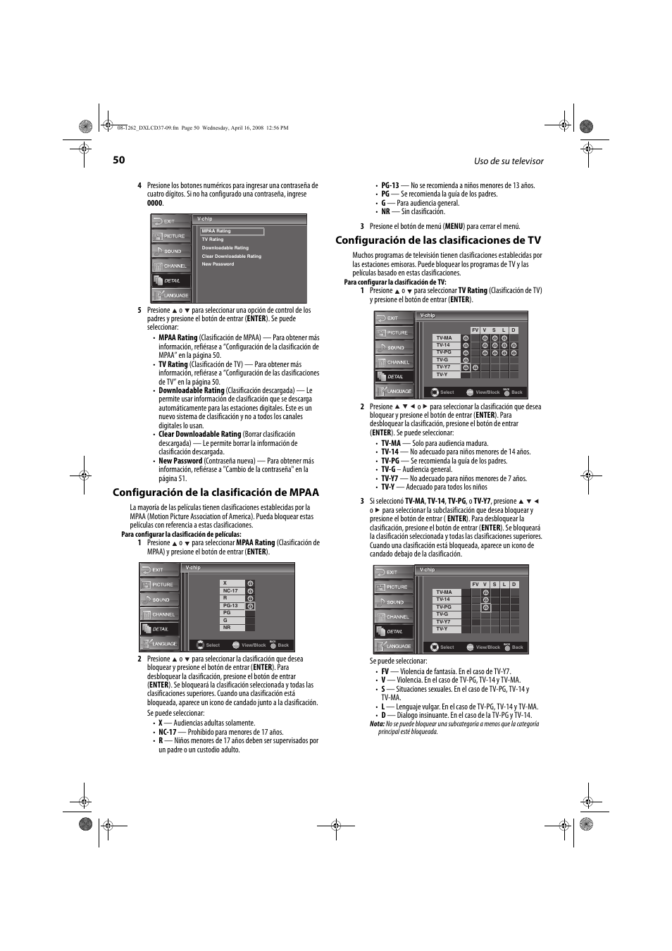 Configuración de la clasificación de mpaa, Configuración de las clasificaciones de tv, Uso de su televisor | FUNAI DX-LCD37-09 User Manual | Page 50 / 64