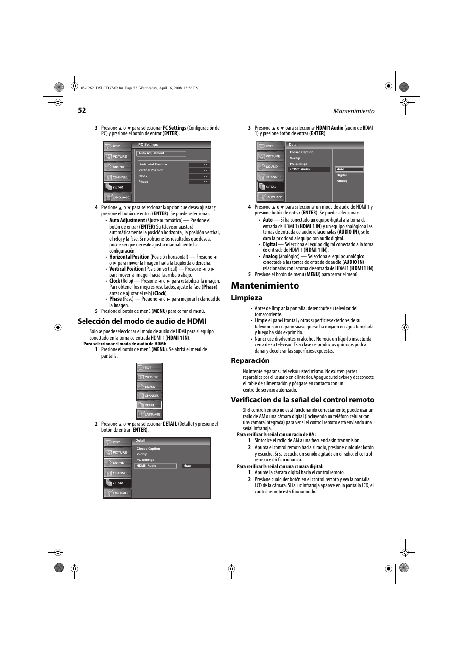 Mantenimiento, Selección del modo de audio de hdmi, Limpieza | Reparación, Verificación de la señal del control remoto | FUNAI DX-LCD37-09 User Manual | Page 52 / 64