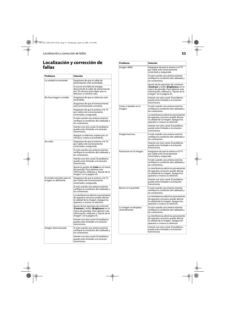 Localización y corrección de fallas | FUNAI DX-LCD37-09 User Manual | Page 53 / 64