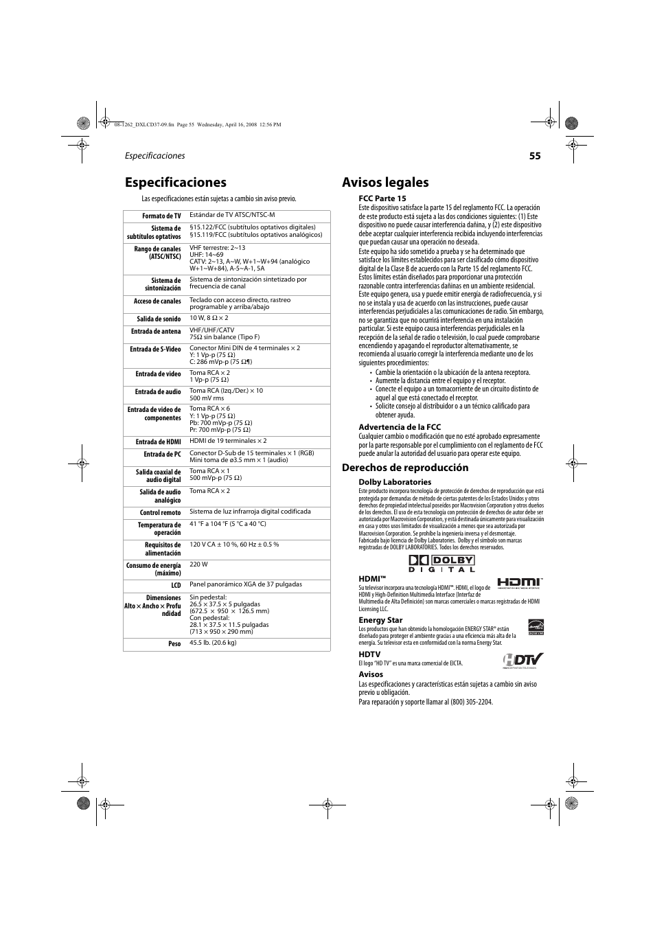 Especificaciones, Avisos legales, Derechos de reproducción | FUNAI DX-LCD37-09 User Manual | Page 55 / 64