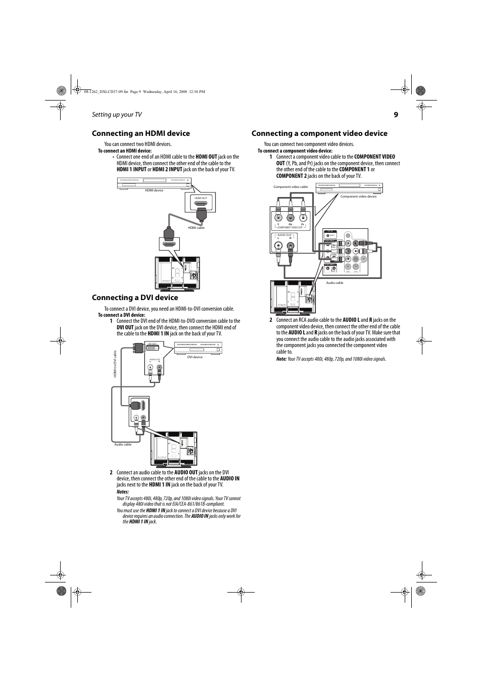 9connecting an hdmi device, Connecting a dvi device, Connecting a component video device | Setting up your tv, You can connect two hdmi devices, You can connect two component video devices | FUNAI DX-LCD37-09 User Manual | Page 9 / 64